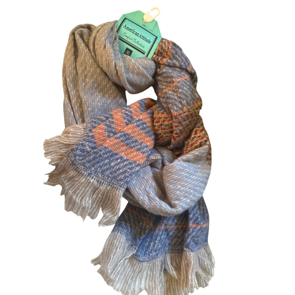 American Attitude Comfort Collection Plaid  Scarf Purple Orange Fringe NWT
